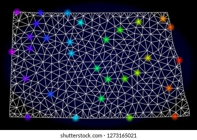 Mesh vector map of North Dakota State with glare effect. Light spots have bright rainbow colors. Abstract lines, triangles, light spots and points on a dark background with map of North Dakota State.