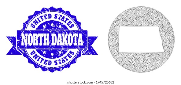 Mesh vector map of North Dakota State with grunge stamp. Triangular net map of North Dakota State is stencils in a round shape. Blue round grunge watermark with ribbon.