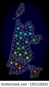 Mesh vector map of North Holland with glare effect on a dark background. Light spots have bright rainbow colors. Abstract lines, triangles, light spots and points forms map of North Holland.