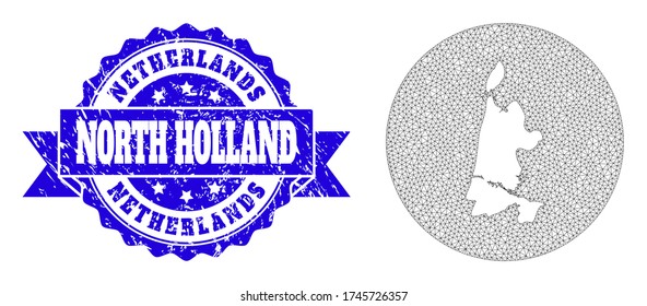 Mesh vector map of North Holland with grunge seal stamp. Triangle net map of North Holland is a hole in a round shape. Blue round grunge seal stamp has ribbon.