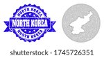 Mesh vector map of North Korea with grunge watermark. Triangle net map of North Korea is a hole in a round shape. Blue round distress seal has ribbon.