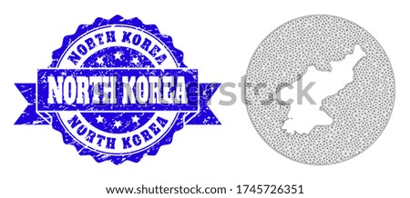 Mesh vector map of North Korea with grunge watermark. Triangle net map of North Korea is a hole in a round shape. Blue round distress seal has ribbon.