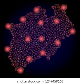 Mesh vector map of North Rhine-Westphalia State with glare effect. Red abstract lines, light spots and points on a dark background with map of North Rhine-Westphalia State.