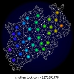 Mesh vector map of North Rhine-Westphalia State with glare effect. Light spots have bright spectrum colors. Abstract lines, triangles,