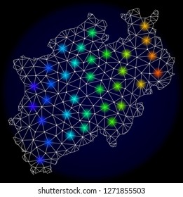 Mesh vector map of North Rhine-Westphalia Land with glare effect. Light spots have bright spectrum colors. Abstract lines, triangles,