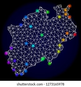 Mesh vector map of North Rhine-Westphalia State with glare effect. Light spots have bright spectrum colors. Abstract lines, triangles,