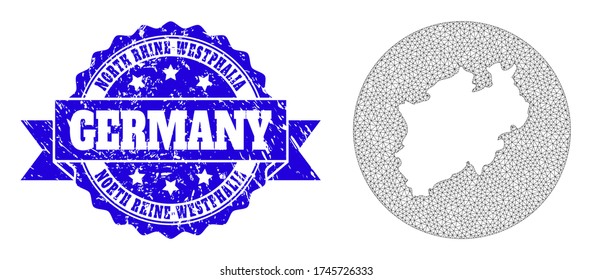 Mesh vector map of North Rhine-Westphalia State with grunge seal stamp. Triangle network map of North Rhine-Westphalia State is a hole in a round shape. Blue rounded grunge watermark with ribbon.