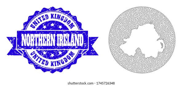 Mesh vector map of Northern Ireland with scratched seal stamp. Triangular net map of Northern Ireland is a hole in a round shape. Blue round scratched seal stamp with ribbon.