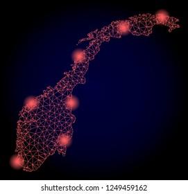 Mesh vector map of Norway with glare effect. Red abstract lines, light spots and points on a dark background with map of Norway.