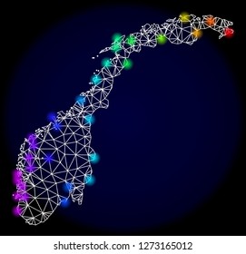 Mesh vector map of Norway with glare effect. Light spots have bright spectrum colors. Abstract lines, triangles, light spots and points on a dark background with map of Norway.