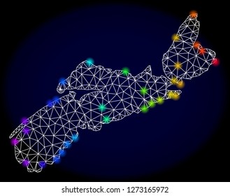Mesh vector map of Nova Scotia Province with glare effect. Light spots have bright rainbow colors. Abstract lines, triangles,