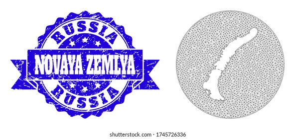 Mesh vector map of Novaya Zemlya Islands with grunge stamp. Triangle mesh map of Novaya Zemlya Islands is inverted in a round shape. Blue round grunge stamp with ribbon.