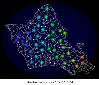 Mesh vector map of Oahu Island with glare effect on a dark background. Light spots have bright spectrum colors. Abstract lines, triangles, light spots and points forms map of Oahu Island.