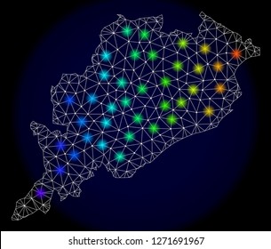 Mesh vector map of Odisha State with glare effect. Light spots have bright spectrum colors. Abstract lines, triangles, light spots and points on a dark background with map of Odisha State.