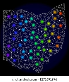 Mesh vector map of Ohio State with glare effect. Light spots have bright spectrum colors. Abstract lines, triangles, light spots and points on a dark background with map of Ohio State.
