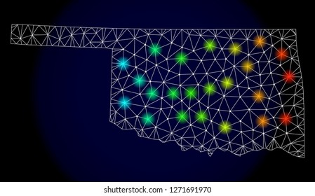 Mesh vector map of Oklahoma State with glare effect. Light spots have bright spectrum colors. Abstract lines, triangles, light spots and points on a dark background with map of Oklahoma State.
