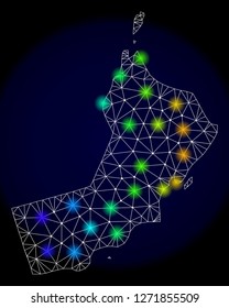 Mesh vector map of Oman with glare effect. Light spots have bright spectrum colors. Abstract lines, triangles, light spots and points on a dark background with map of Oman.