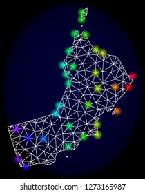 Mesh vector map of Oman with glare effect. Light spots have bright rainbow colors. Abstract lines, triangles, light spots and points on a dark background with map of Oman.