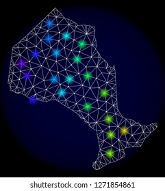 Mesh vector map of Ontario Province with glare effect. Light spots have bright spectrum colors. Abstract lines, triangles, light spots and points on a dark background with map of Ontario Province.