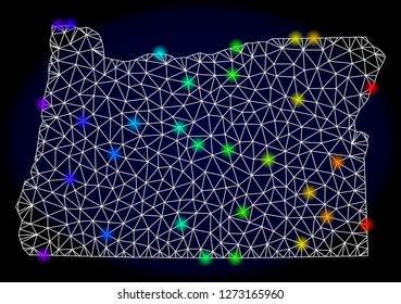 Mesh vector map of Oregon State with glare effect. Light spots have bright rainbow colors. Abstract lines, triangles, light spots and points on a dark background with map of Oregon State.