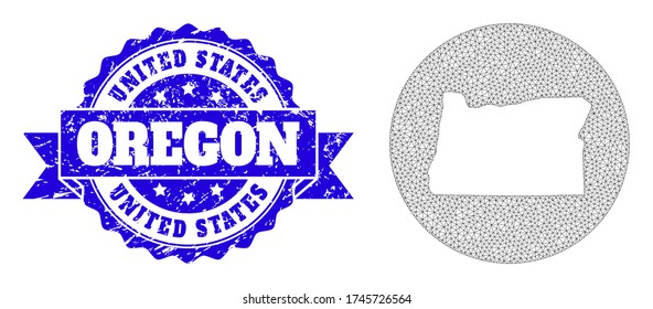 Mesh vector map of Oregon State with grunge seal stamp. Triangular mesh map of Oregon State is carved in a round shape. Blue round grunge seal with ribbon.