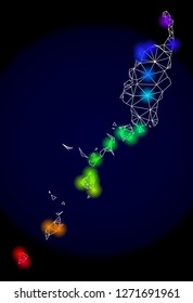Mesh vector map of Palau Islands with glare effect. Light spots have bright spectrum colors. Abstract lines, triangles, light spots and points on a dark background with map of Palau Islands.