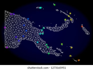 Mesh vector map of Papua New Guinea with glare effect. Light spots have bright spectrum colors. Abstract lines, triangles, light spots and points on a dark background with map of Papua New Guinea.