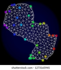 Mesh vector map of Paraguay with glare effect. Light spots have bright spectrum colors. Abstract lines, triangles, light spots and points on a dark background with map of Paraguay.