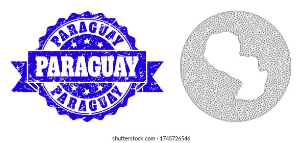 Mesh vector map of Paraguay with scratched seal stamp. Triangle mesh map of Paraguay is a hole in a round shape. Blue round distress stamp has ribbon.