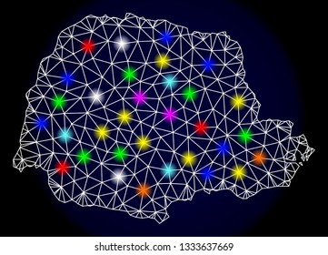 Mesh vector map of Parana State with glare effect on a dark background. Abstract lines, triangles, light colorful spots and points forms map of Parana State.