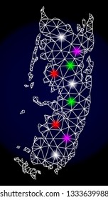 Mesh vector map of Pemba island with glare effect on a dark background. Abstract lines, triangles, light colorful spots and points forms map of Pemba island.