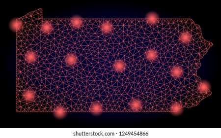 Mesh vector map of Pennsylvania State with glare effect. Red abstract lines, light spots and points on a dark background with map of Pennsylvania State.