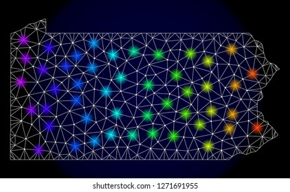 Mesh vector map of Pennsylvania State with glare effect. Light spots have bright spectrum colors. Abstract lines, triangles, light spots and points on a dark background with map of Pennsylvania State.
