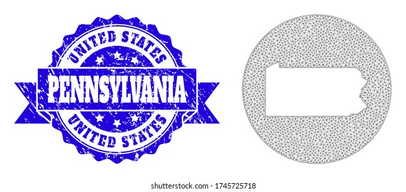 Mapa vectorial de malla del estado de Pennsylvania con sello de grano. El mapa de redes triangulares del estado de Pensilvania se invierte en forma redonda. Sello de distrés redondo azul con cinta adhesiva.