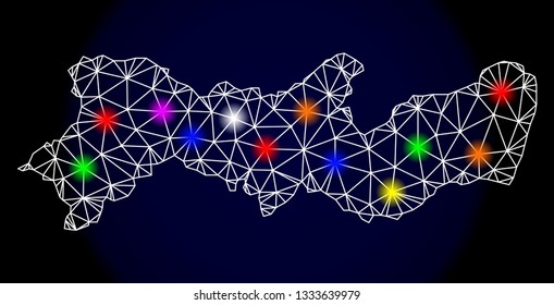 Mesh vector map of Pernambuco State with glare effect on a dark background. Abstract lines, triangles, light colorful spots and points forms map of Pernambuco State.
