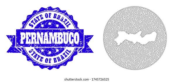 Mesh vector map of Pernambuco State with grunge seal stamp. Triangular net map of Pernambuco State is subtracted from a round shape. Blue rosette grunge seal stamp with ribbon.