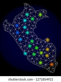 Mesh vector map of Peru with glare effect. Light spots have bright spectrum colors. Abstract lines, triangles, light spots and points on a dark background with map of Peru.