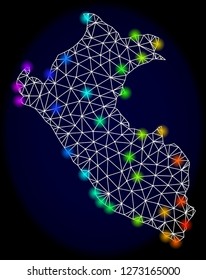 Mesh vector map of Peru with glare effect. Light spots have bright spectrum colors. Abstract lines, triangles, light spots and points on a dark background with map of Peru.