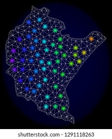 Mesh vector map of Podkarpackie Province with glare effect on a dark background. Light spots have bright spectrum colors. Abstract lines, triangles,