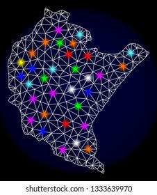 Mesh vector map of Podkarpackie Province with glare effect on a dark background. Abstract lines, triangles, light colorful spots and points forms map of Podkarpackie Province.