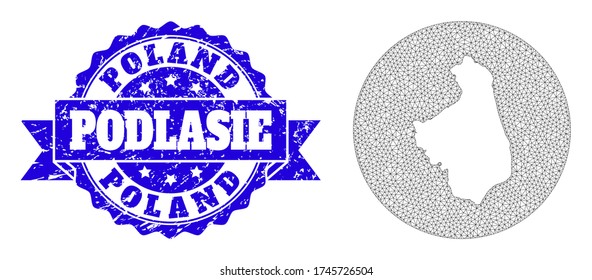 Mesh vector map of Podlasie Province with grunge seal. Triangular mesh map of Podlasie Province is a hole in a round shape. Blue round scratched watermark has ribbon.