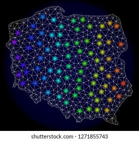 Mesh vector map of Poland with glare effect. Light spots have bright spectrum colors. Abstract lines, triangles, light spots and points on a dark background with map of Poland.