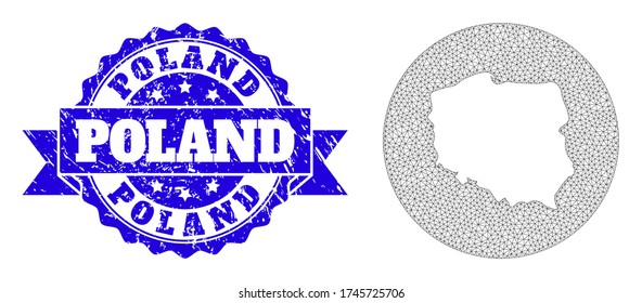 Mesh vector map of Poland with scratched seal stamp. Triangle mesh map of Poland is a hole in a round shape. Blue round textured watermark with ribbon.