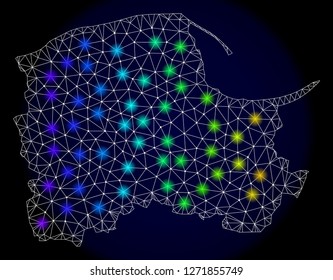 Mesh vector map of Pomeranian Voivodeship with glare effect. Light spots have bright spectrum colors. Abstract lines, triangles,