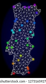 Mesh vector map of Portugal with glare effect. Light spots have bright spectrum colors. Abstract lines, triangles, light spots and points on a dark background with map of Portugal.