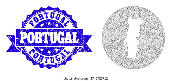 Mesh vector map of Portugal with scratched seal. Triangle mesh map of Portugal is subtracted from a circle. Blue round scratched seal has ribbon.