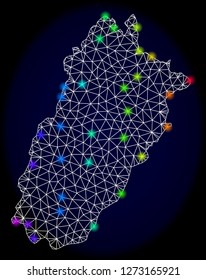 Mesh vector map of Punjab Province with glare effect. Light spots have bright rainbow colors. Abstract lines, triangles, light spots and points on a dark background with map of Punjab Province.