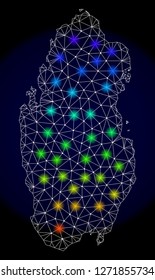 Mesh vector map of Qatar with glare effect. Light spots have bright spectrum colors. Abstract lines, triangles, light spots and points on a dark background with map of Qatar.