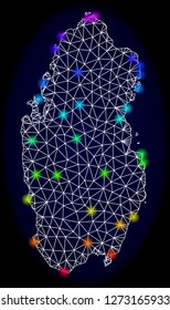 Mesh vector map of Qatar with glare effect. Light spots have bright rainbow colors. Abstract lines, triangles, light spots and points on a dark background with map of Qatar.