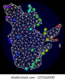 Mesh vector map of Quebec Province with glare effect. Light spots have bright rainbow colors. Abstract lines, triangles, light spots and points on a dark background with map of Quebec Province.